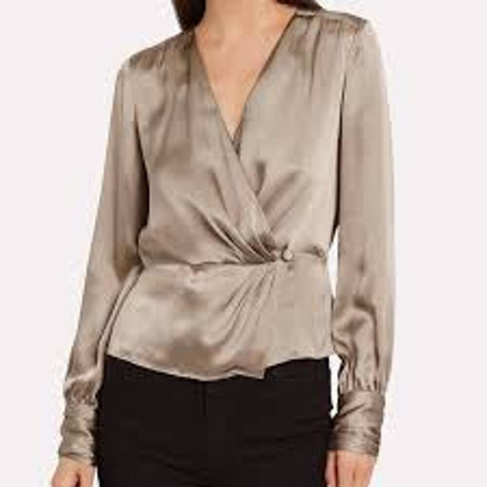 Intermix Champange "Naila" 100% Silk Satin Faux Wrap Flare Sleeve Blouse sz 4